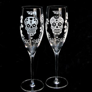 Two 2 Day of the Dead Wedding Toasting Flutes Sugar Skull Wedding Decor Champagne Glasses Dazy & Sparky