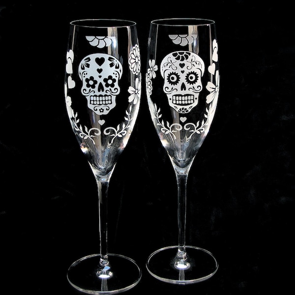 Two 2 Day of the Dead Wedding Toasting Flutes Sugar Skull Wedding Decor Champagne Glasses