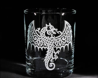 Engraved Whiskey Glass Viking Celtic Dragon Unique Gift for Man, Rocks Old Fashioned Tumbler