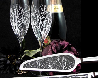 Winter Tree Branches Champagne Flute Cake Server Set, Wedding Gift for Couple, Woodsy Bohemian