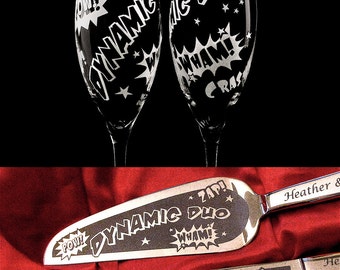 Comic Book Wedding Set, Cake Server, Knife, Champagne Glasses, Engraved, Personalized Wedding Present