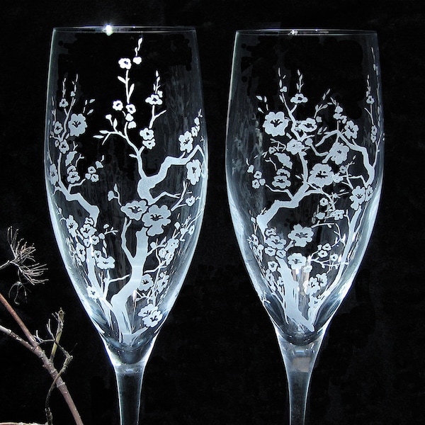 2 Cherry Blossom Champagne Glasses Spring Wedding Flutes, Toasting Flutes