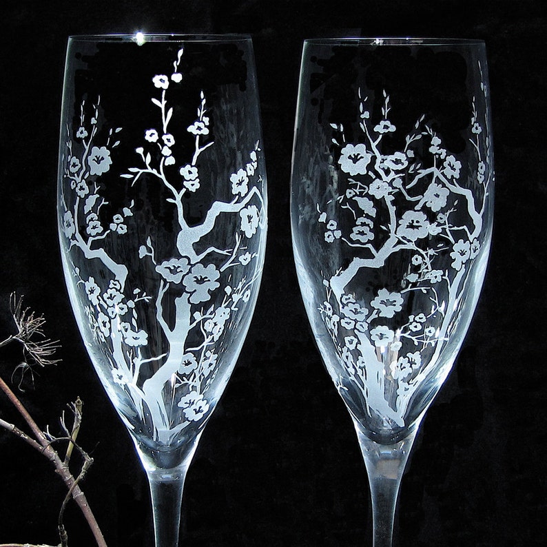 2 Cherry Blossom Champagne Flutes DC wedding, Quincenera Toasting Flutes, Present for Couple image 2