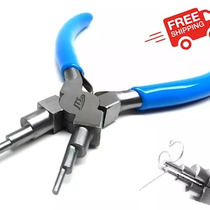 May include: Blue handled pliers with three prongs for making jewelry. The pliers are used to open and close jump rings. The image shows a close-up of the pliers and a jump ring being opened.