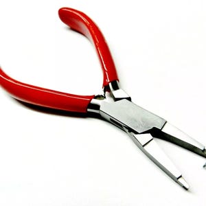 May include: Red handled pliers with a silver metal head, designed for bending and shaping wire.