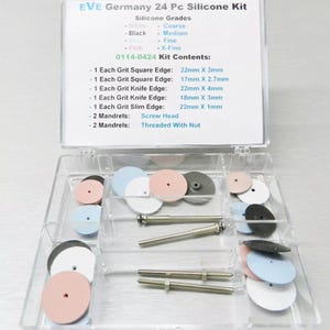 May include: A clear plastic storage case containing a 24-piece silicone kit for jewelry making. The kit includes various sizes and shapes of sanding discs, two mandrels, and a list of kit contents with measurements in millimeters. The silicone grades are listed as: White, Black, Blue, and Pink.