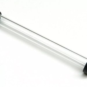 May include: A clear glass tube with black rubber end caps. The tube is about 12 inches long.