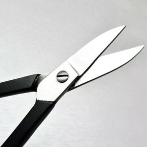 May include: Black handled scissors with silver blades. The blades are open and the scissors are in focus.