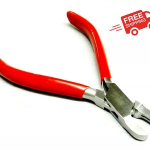 May include: Red handled pliers with a silver metal head, designed for bending and shaping wire.