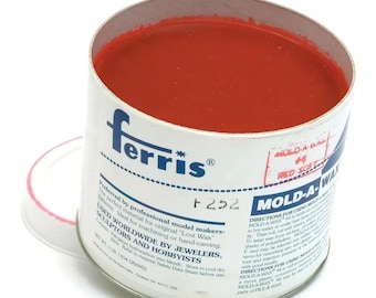 May include: A white can of red wax labeled "Ferris Mold-A-Wax #45 Red Soft" with directions for using the wax. The can is labeled "F 252" and says "Preferred by professional model makers - The perfect material for original "Lost Wax" patterns. Ideal for machining or hand carving. Used Worldwide by Jewelers, Sculptors and Hobbyists."