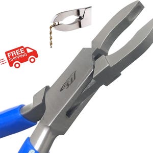 May include: Blue handled pliers with a silver metal jaw. The jaw is designed to open and close rings.