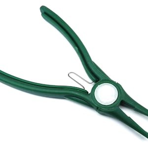 May include: Green hose clamp pliers with a white center and a silver spring. The pliers are designed with curved handles and pointed tips for gripping and adjusting hose clamps. The tool is made of durable plastic.