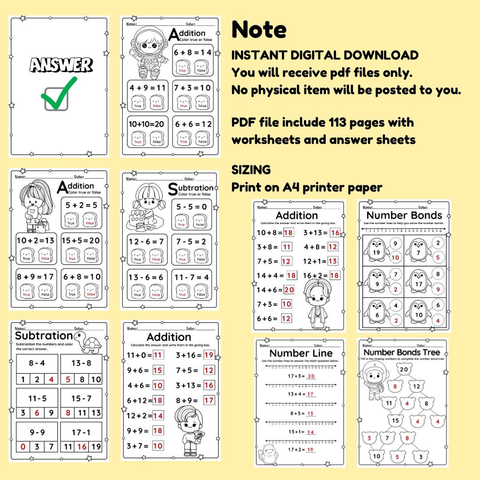 Subtraction & Addition Within 20 Printable Math Worksheet for Kids 1st ...