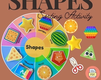 May include: A colorful printable 2D shapes sorting activity for kids. The activity features a wheel with different shapes, including a square, circle, triangle, rectangle, hexagon, oval, pentagon, and star. The shapes are surrounded by colorful backgrounds and have fun illustrations. The text "Shapes Sorting Activity" is written in a cursive font at the top of the wheel. The text "Digital Download 2D Shapes Sorting" is written at the bottom of the image.