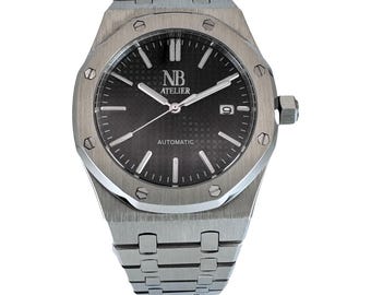 NB Atelier Monarque – Stainless Steel Automatic Watch | Integrated Bracelet | Black Tapisserie Dial