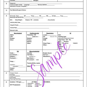 Könnte beinhalten: Ein weißer medizinischer Chart mit schwarzem Text und Kontrollkästchen. Der Chart ist in Abschnitte für Patienteninformationen, Vitalwerte, Neurologie, Herz-Kreislauf, Atmung, Magen-Darm-Trakt, Genitourinar, Bewegungsapparat und Haut unterteilt. Der Chart enthält auch Abschnitte für die heutigen Ziele, anstehende Tests und Verfahren, Entlassungsplanung, Lehre, Isolation, DVT-Prophylaxe und Fragen/Kommentare/Notizen.