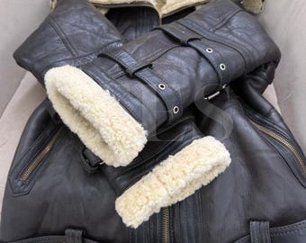 Original Sheepskin Shearling Aviator Jacket – Brown Leather Flight Coat with Detachable Collar