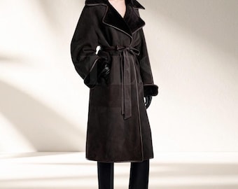 Mocha Suede Lambskin Shearling Coat – Handmade Women’s Long Belted Winter Jacket with Soft Fur Lining