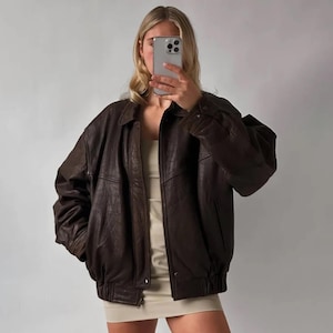 Women Handmade Brown Oversize Bomber Lambskin Soft 90&#39;s Leather Jacket | Women Casual Wear Genuine Leather Jacket, Gift for women