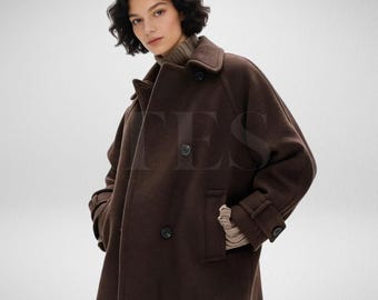 Wool Peacoat for Women – Oversized Double-Breasted Winter Coat, Minimalist Wool Blend Jacket