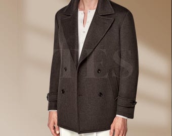 Dark Brown Cashmere Wool Peacoat for Men – Luxury Double-Breasted Winter Coat, Tailored Fit, Premium Wool Blend Overcoat