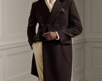 Hand-Tailored Wool-Cashmere Topcoat with Velvet Collar – Men’s Luxury Double-Breasted Long Overcoat in Dark Brown