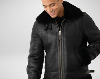 Men's Black Shearling Leather Aviator Jacket | Winter Bomber Coat with Faux Fur Lining | Warm Flight Jacket | Classic pilot outerwear