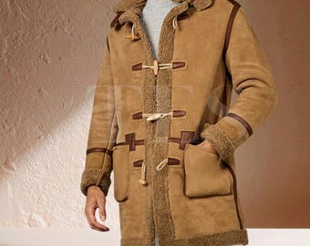 Taupe Real Shearling Parka – Classic Sheepskin Toggle Coat