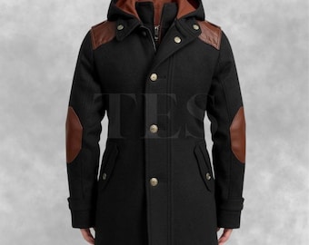 Men’s Wool and Leather Hooded Jacket – Black Winter Coat with Brown Leather Patches and Button Front
