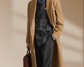 The Wool Coat –Classic Men's Double-Breasted Long Overcoat with Peak Lapels