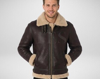 Men's Shearling Leather Jacket | Brown Aviator Bomber Coat with Faux Fur Lining | Winter Flight Jacket | Vintage pilot outerwear