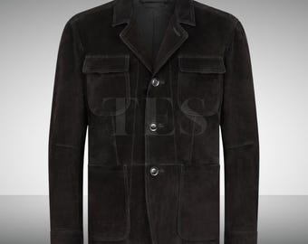 Suede Military Jacket Men’s – Classic Four-Pocket Field Style in Jet Black