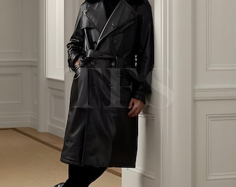 Keating Leather Trench Coat Sheepskin Leather with Detachable Fur Collar – Luxury Double-Breasted Long Coat, Belted Winter Overcoat