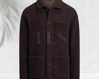 Wool-Blend Utility Shirt Jacket Dark Brown Button-Up Overshirt with Three Pockets