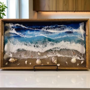 Handcrafted wooden epoxy resin ocean inspired tray with handles , unique wooden serving tray with handles , beach lovers gift