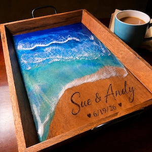 Personalized Epoxy Resin Beach Serving Tray | Custom Ocean Wooden Charcuterie Board