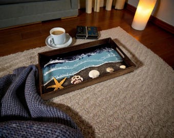 Stained Wood Epoxy Resin Beach Tray - Unique Handcrafted Décor