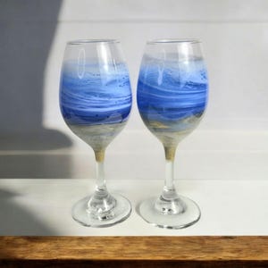 Ocean inspired wine glasses-epoxy resin pair for beach lovers,gift for her,anniversary,beach party favors