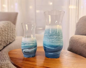 Jarrón playero de resina epoxi: decoración costera hecha a mano, regalo para amantes del océano.