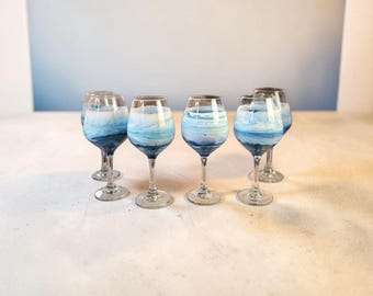 Epoxy Resin Ocean Wave Wine Glasses, Coastal Beach House Decor Set