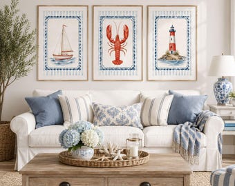 Coastal Watercolor Wall Art Set of 3, Nautical Beach House Decor, Sailboat Lighthouse Lobster Printable Art, Ocean Gallery Wall
