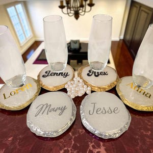 Personalized white resin coasters with gold , silver , and bronze accents ,wedding coaster , wedding favor couple coaster , jewelry tray,