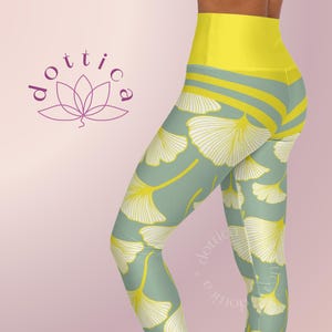High Waisted Leaf Pattern Leggings | White Yellow Green Yoga Pants | Herbal Printed Gym Fitness Tights| Sports Bottoms | Activewear Apparel