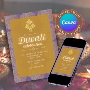 Diwali Festival Invitation, Happy Diwali Invite, Gold and Purple Diwali Celebration Evite, Digital Invitation Hindu Holiday