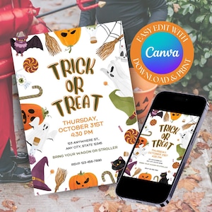 Editable Halloween Trick or Treat Invitation, Kids Costume Party (Digital Template)