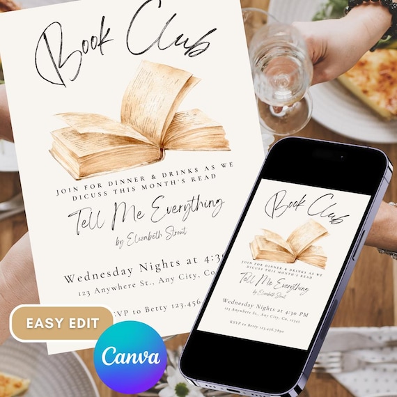 Editable Book Club Invitation Template, Bookish Party (Digital Download)