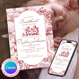 Editable Valentine Baby Shower Invitation, Sweetheart on the Way Baby Shower Invite Template, Red White Pink Cupid Cherub Invite, Download