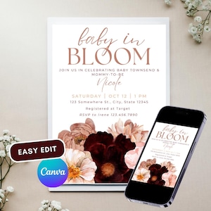 Baby in Bloom Baby Shower Invitation, Fall Florals Baby Invite Template, Baby Shower Fall, Baby in Bloom Shower Invite Instant Download