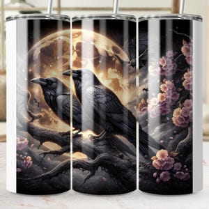 Raven and Moon Tumbler Wrap, Bat and Flower Tumbler PNG, Gothic Sublimation Design, Bird Tumbler, Digital Download, Halloween