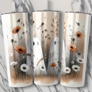 Spooky Ghost Tumbler Wrap, Halloween Flower Tumbler PNG, Sublimation Designs, Cute Ghost Tumber Wrap, Digital Download